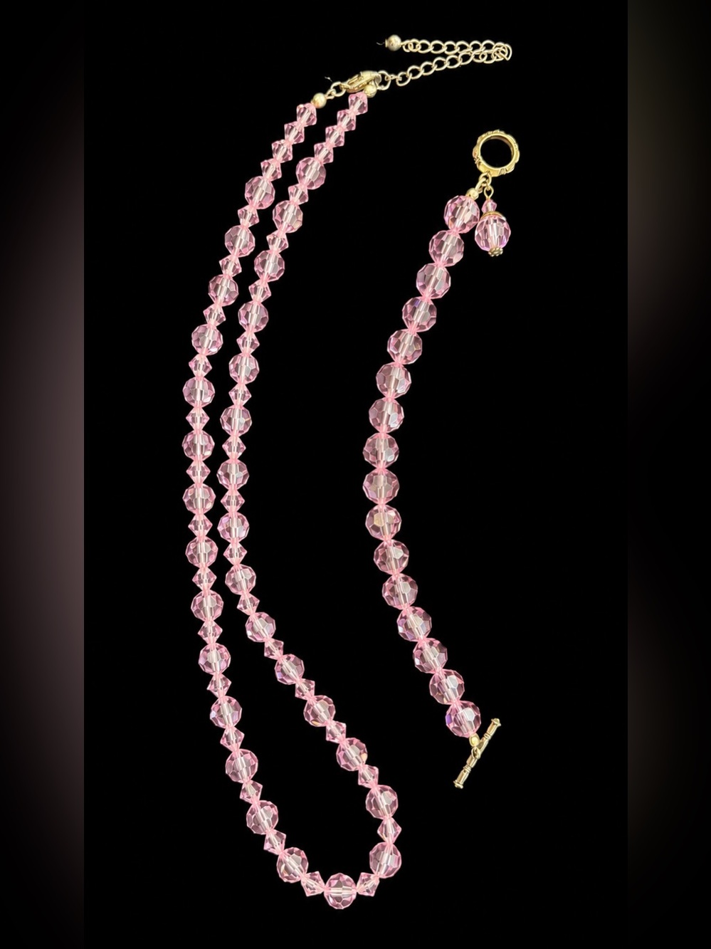 Vintage Set Pink Faceted Crystal Bead Necklace & Bracelet, NWOT